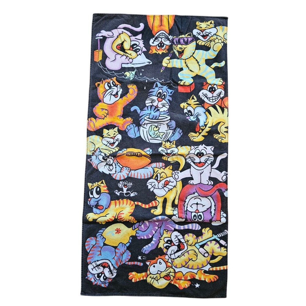 VTG Novelty Cartoon Cats Beach Towel Funky Graphic Print Black‎ Cotton JC Penney